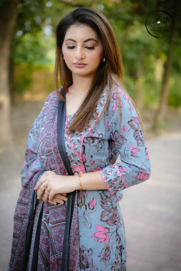 Blush Grey Floral Pure Cotton Suit with Dupatta