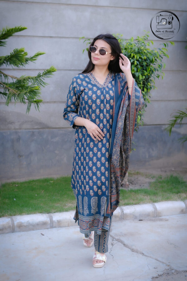 Indigo Mirage Ajrak-Inspired Pure Cotton Suit with Dupatta