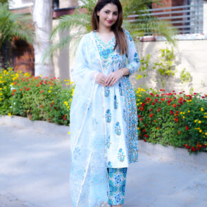 Elegant Sky Blue & White Floral Cotton Kurta – Handcrafted Ethnic Wear for Women