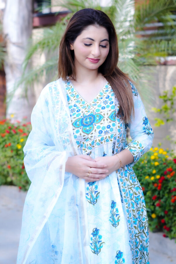 Elegant Sky Blue & White Floral Pure Cotton Suit with Dupatta