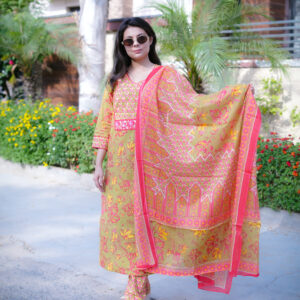 Floral Heritage Cotton Suit Set with Printed Dupatta – Mustard Pink