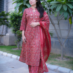 Crimson Charm Printed Cotton Suit – 3 Piece